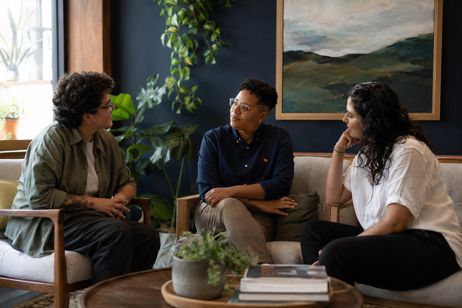 Diverse LGBTQ adults sharing a welcoming and relaxed space